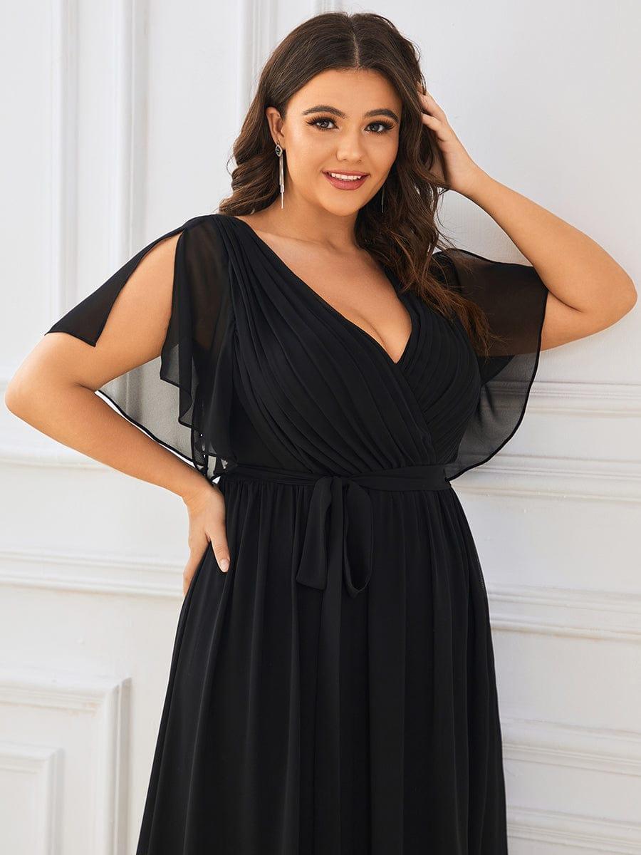 V-Neck Flutter Sleeve Floor-Length A-Line Chiffon Evening Dress #color_Black