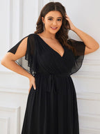 V-Neck Flutter Sleeve Floor-Length A-Line Chiffon Evening Dress #color_Black