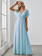 V-Neck Flutter Sleeve Floor-Length A-Line Chiffon Evening Dress #color_Sky Blue