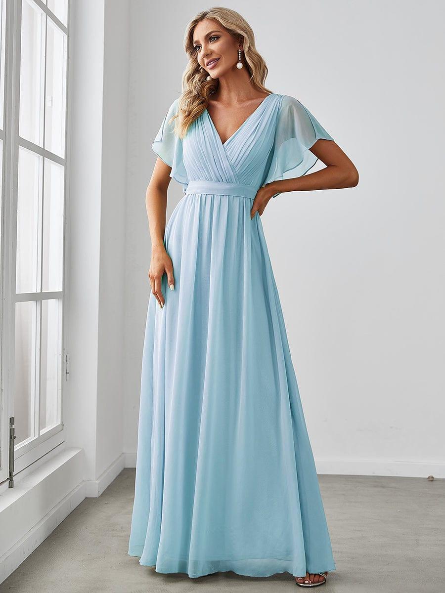 V-Neck Flutter Sleeve Floor-Length A-Line Chiffon Evening Dress #color_Sky Blue