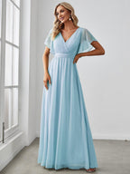 V-Neck Flutter Sleeve Floor-Length A-Line Chiffon Evening Dress #color_Sky Blue