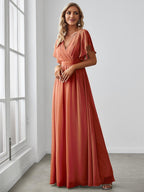 V-Neck Flutter Sleeve Floor-Length A-Line Chiffon Evening Dress #color_Burnt Orange