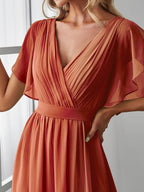 V-Neck Flutter Sleeve Floor-Length A-Line Chiffon Evening Dress #color_Burnt Orange