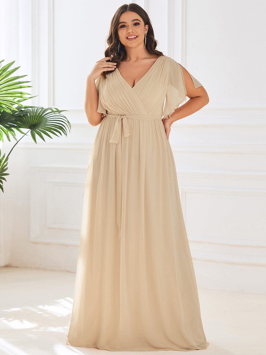 V-Neck Flutter Sleeve Floor-Length A-Line Chiffon Evening Dress #color_Champagne