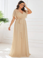 V-Neck Flutter Sleeve Floor-Length A-Line Chiffon Evening Dress #color_Champagne