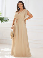 V-Neck Flutter Sleeve Floor-Length A-Line Chiffon Evening Dress #color_Champagne