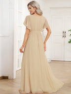 V-Neck Flutter Sleeve Floor-Length A-Line Chiffon Evening Dress #color_Champagne