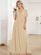 V-Neck Flutter Sleeve Floor-Length A-Line Chiffon Evening Dress #color_Champagne