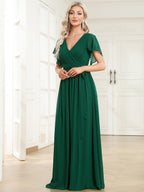 V-Neck Flutter Sleeve Floor-Length A-Line Chiffon Evening Dress #color_Dark Green