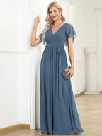 V-Neck Flutter Sleeve Floor-Length A-Line Chiffon Evening Dress #color_Dusty Blue