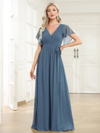 V-Neck Flutter Sleeve Floor-Length A-Line Chiffon Evening Dress #color_Dusty Blue