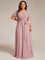 V-Neck Flutter Sleeve Floor-Length A-Line Chiffon Evening Dress #color_Dusty Rose