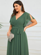 V-Neck Flutter Sleeve Floor-Length A-Line Chiffon Evening Dress #color_Eucalyptus Green