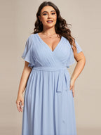 V-Neck Flutter Sleeve Floor-Length A-Line Chiffon Evening Dress #color_Ice Blue
