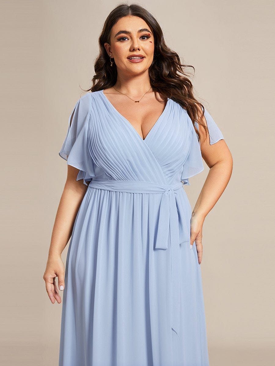 V-Neck Flutter Sleeve Floor-Length A-Line Chiffon Evening Dress #color_Ice Blue