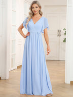 V-Neck Flutter Sleeve Floor-Length A-Line Chiffon Evening Dress #color_Ice Blue