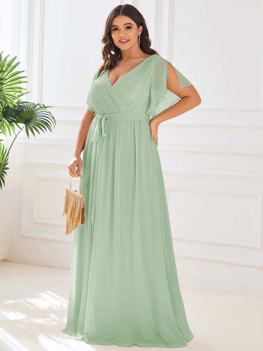V-Neck Flutter Sleeve Floor-Length A-Line Chiffon Evening Dress #color_Mint Green