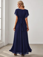 V-Neck Flutter Sleeve Floor-Length A-Line Chiffon Evening Dress #color_Navy Blue