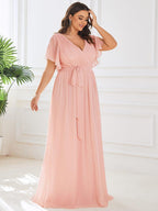 V-Neck Flutter Sleeve Floor-Length A-Line Chiffon Evening Dress #color_Pink