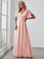 V-Neck Flutter Sleeve Floor-Length A-Line Chiffon Evening Dress #color_Pink