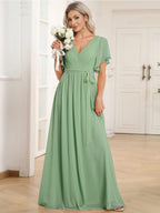 V-Neck Flutter Sleeve Floor-Length A-Line Chiffon Evening Dress #color_Sage Green