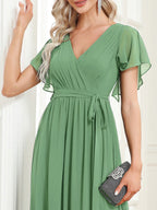 V-Neck Flutter Sleeve Floor-Length A-Line Chiffon Evening Dress #color_Sage Green