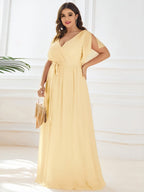 V-Neck Flutter Sleeve Floor-Length A-Line Chiffon Evening Dress #color_Yellow