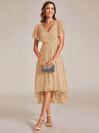 Chic V Neck High-Low Wedding Guest Dress #color_Champagne