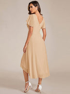Chic V Neck High-Low Wedding Guest Dress #color_Champagne