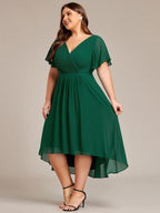 Chic V Neck High-Low Wedding Guest Dress #color_Dark Green