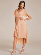 Chic V Neck High-Low Wedding Guest Dress #color_Peach