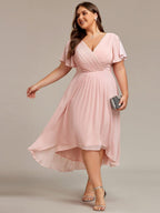 Chic V Neck High-Low Wedding Guest Dress #color_Pink