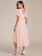 Chic V Neck High-Low Wedding Guest Dress #color_Pink