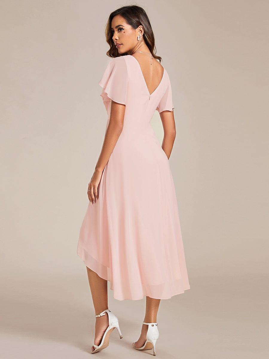Chic V Neck High-Low Wedding Guest Dress #color_Pink
