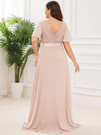 Long Empire Waist Bridesmaid Dress with Short Flutter Sleeves #color_Blush