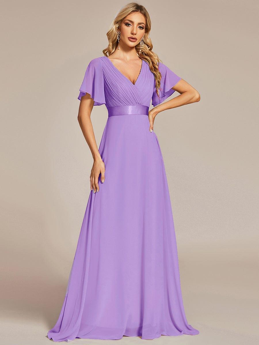 Long Empire Waist Bridesmaid Dress with Short Flutter Sleeves #color_Lavender