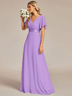 Long Empire Waist Bridesmaid Dress with Short Flutter Sleeves #color_Lavender