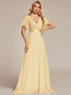 Long Empire Waist Bridesmaid Dress with Short Flutter Sleeves #color_Yellow