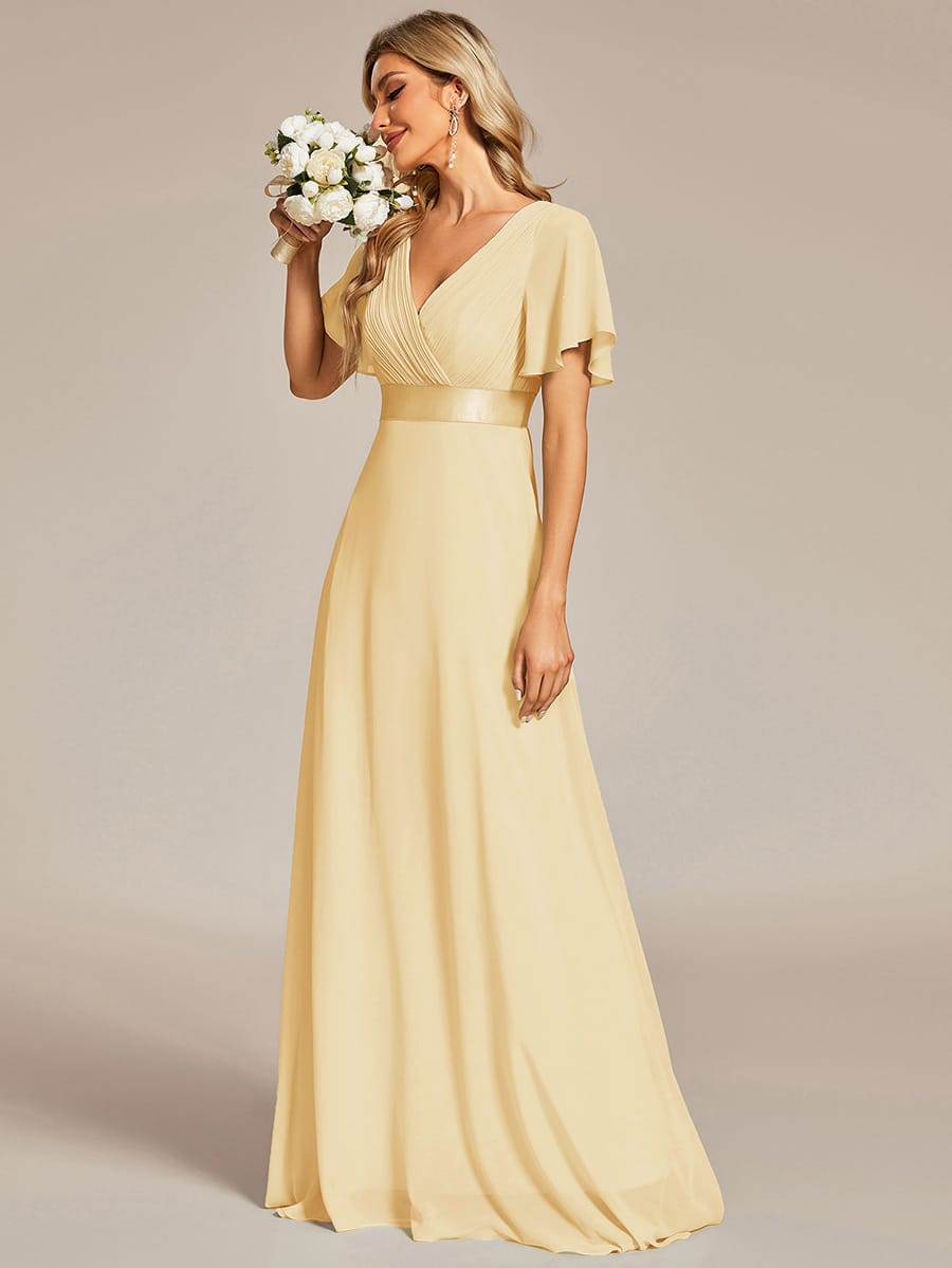 Long Empire Waist Bridesmaid Dress with Short Flutter Sleeves #color_Yellow