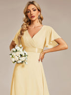 Long Empire Waist Bridesmaid Dress with Short Flutter Sleeves #color_Yellow