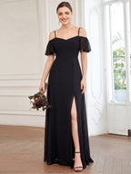 Stylish Cold-Shoulder Floor Length Bridesmaid Dress with Side Slit #color_Black