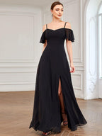 Stylish Cold-Shoulder Floor Length Bridesmaid Dress with Side Slit #color_Black