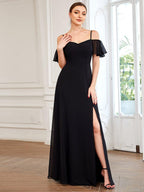 Stylish Cold-Shoulder Floor Length Bridesmaid Dress with Side Slit #color_Black