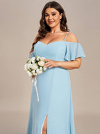 Stylish Cold-Shoulder Floor Length Bridesmaid Dress with Side Slit #color_Sky Blue