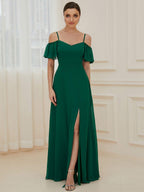 Stylish Cold-Shoulder Floor Length Bridesmaid Dress with Side Slit #color_Dark Green
