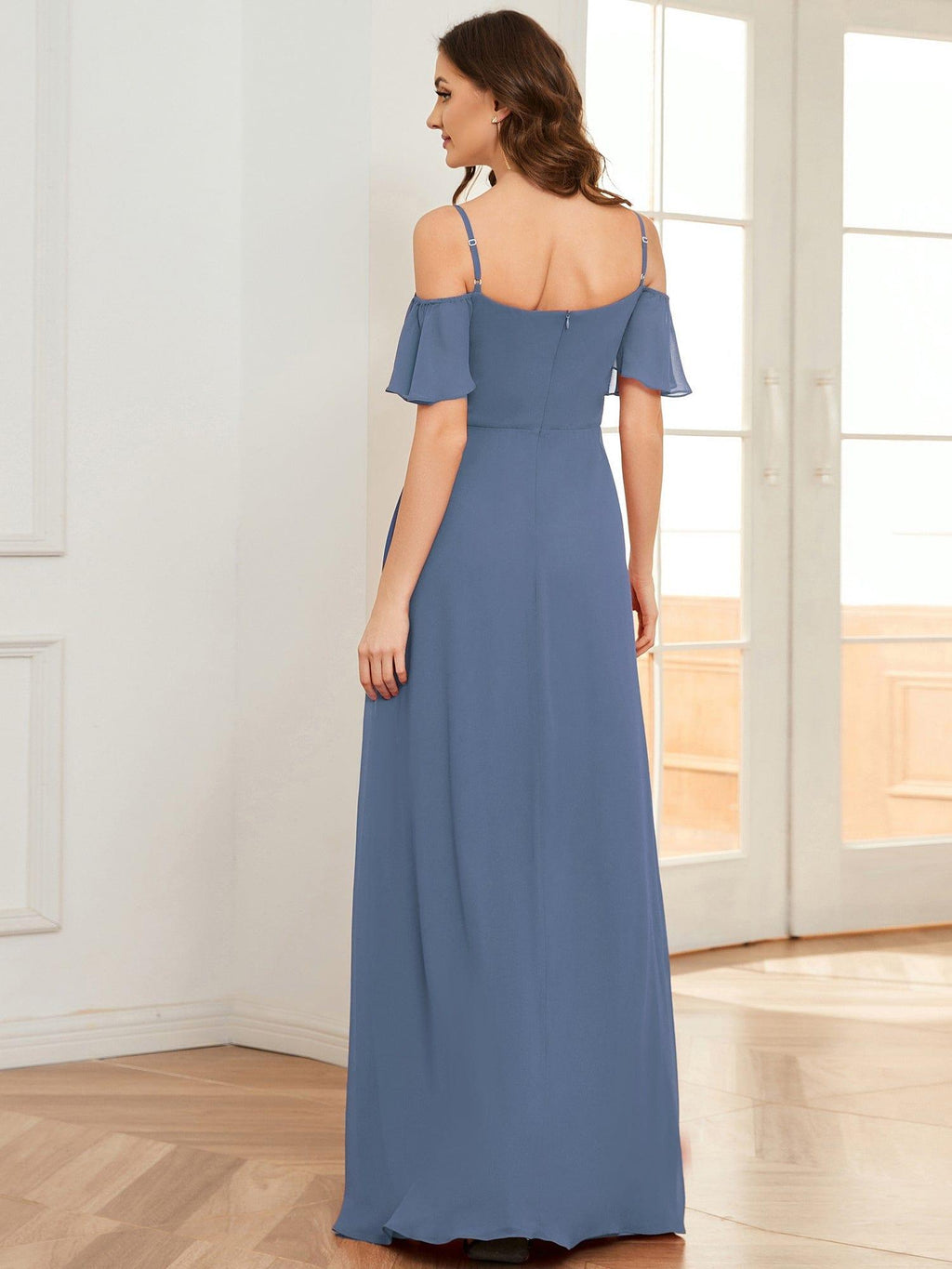 Stylish Cold-Shoulder Floor Length Bridesmaid Dress with Side Slit #color_Dusty Blue