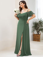 Stylish Cold-Shoulder Floor Length Bridesmaid Dress with Side Slit #Color_Eucalyptus Green