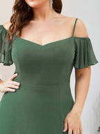Stylish Cold-Shoulder Floor Length Bridesmaid Dress with Side Slit #Color_Eucalyptus Green