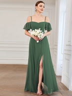Stylish Cold-Shoulder Floor Length Bridesmaid Dress with Side Slit #Color_Eucalyptus Green