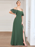 Stylish Cold-Shoulder Floor Length Bridesmaid Dress with Side Slit #Color_Eucalyptus Green